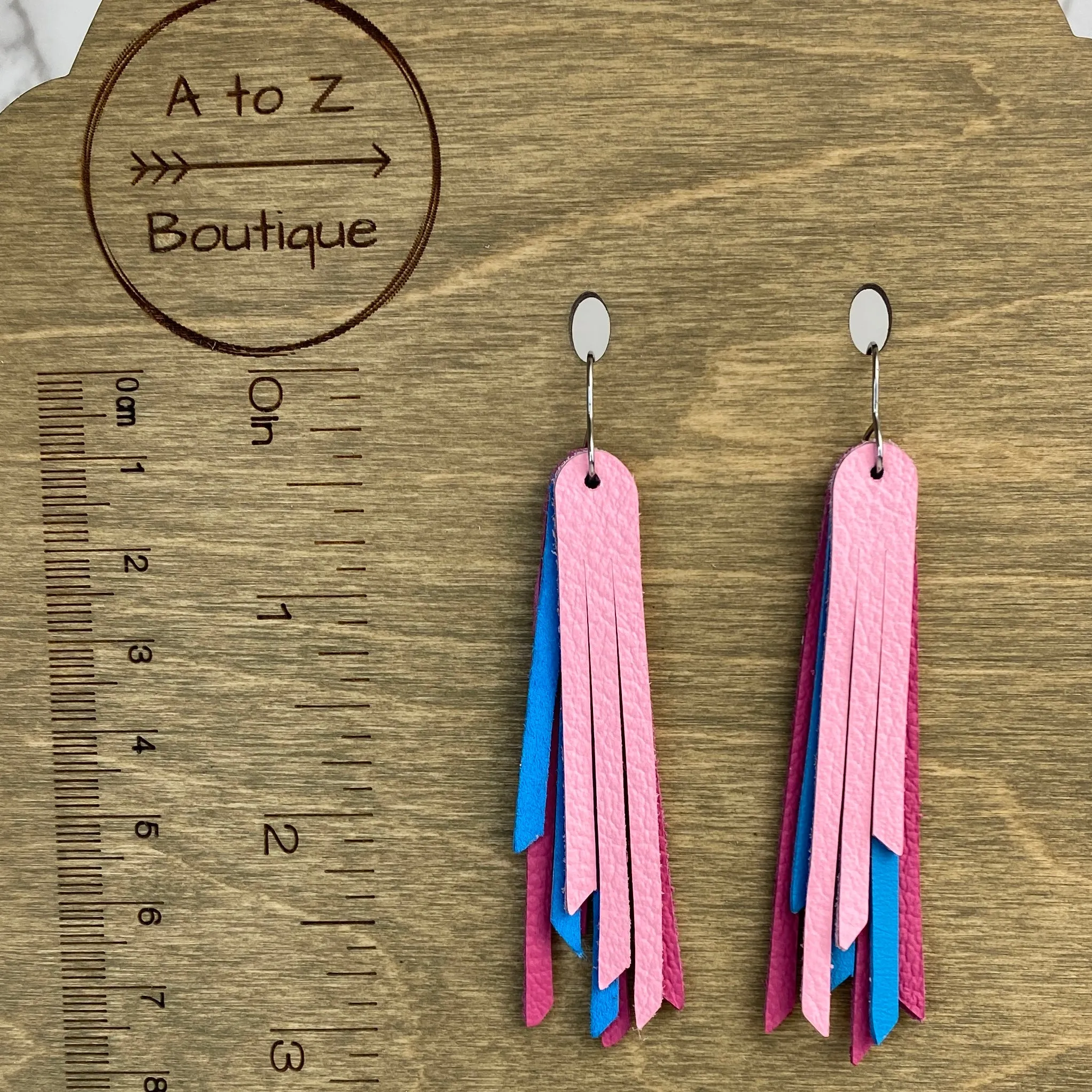 2.75 Pink and Blue Leather Fringe Earrings