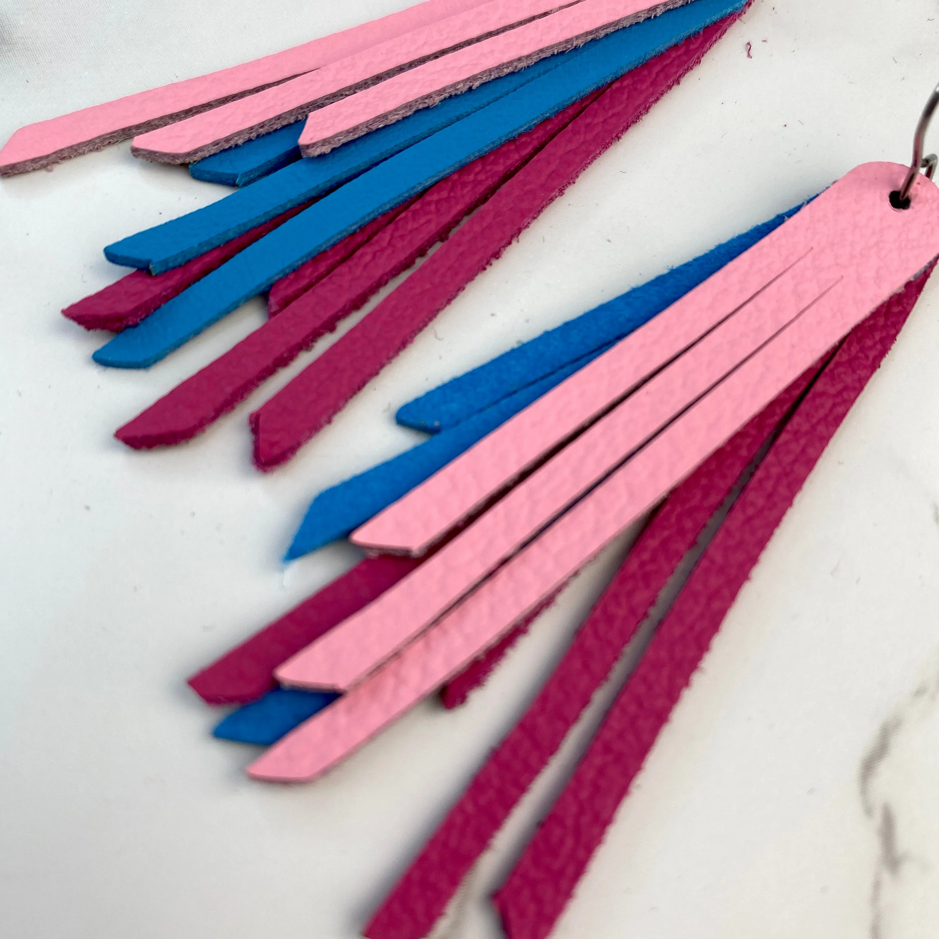 2.75 Pink and Blue Leather Fringe Earrings