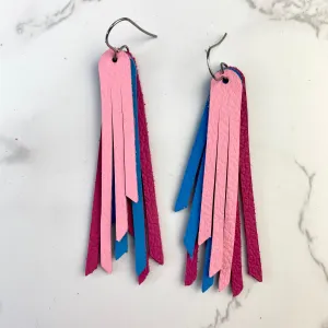 2.75 Pink and Blue Leather Fringe Earrings