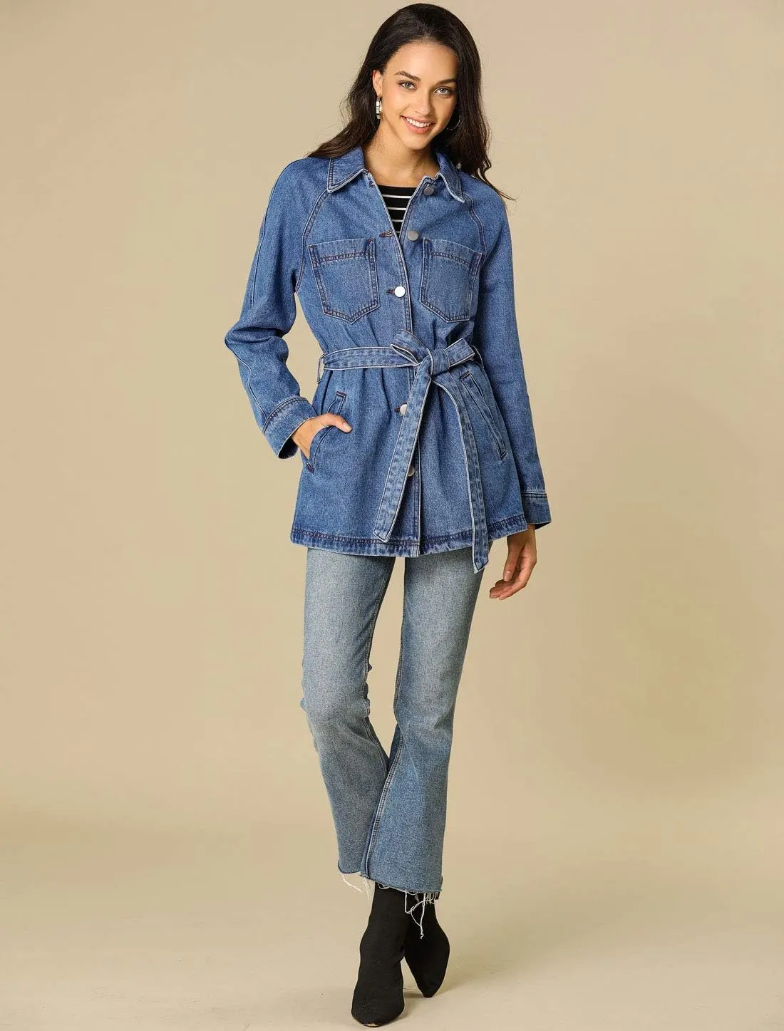 Allegra K Women's Casual Jean Jackets Long Sleeves Tie Waist Button Down Denim Jacket