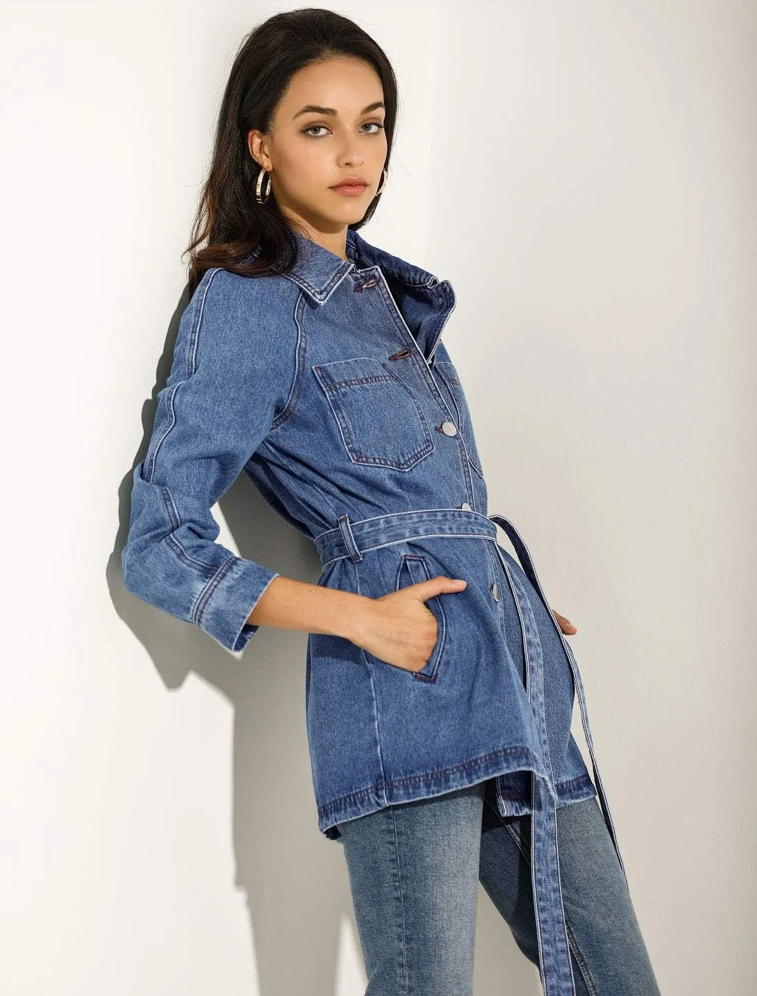 Allegra K Women's Casual Jean Jackets Long Sleeves Tie Waist Button Down Denim Jacket