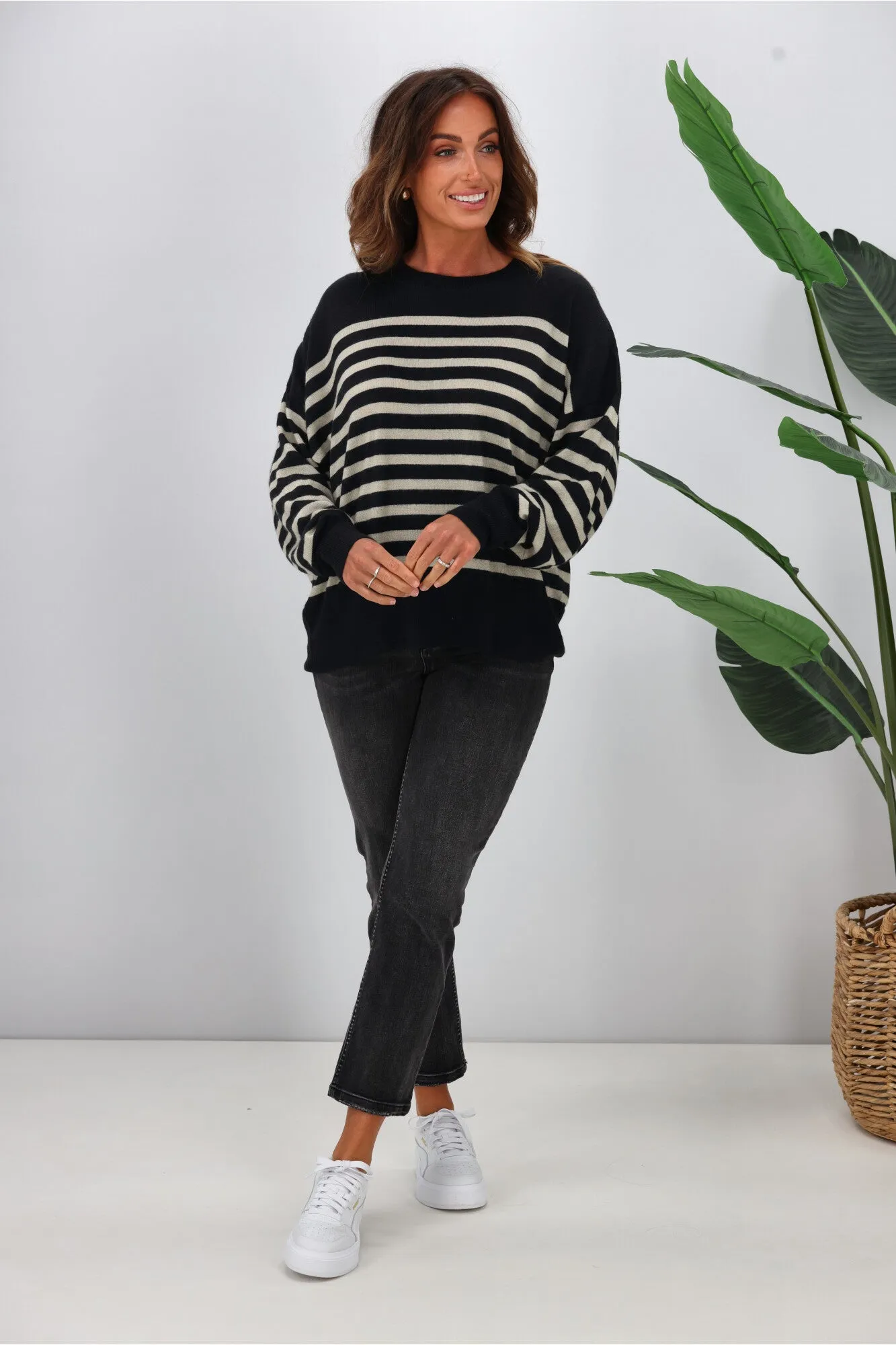 Alpine by Shine On Georgia Striped Merino Batwing Top Midnight Oatmeal