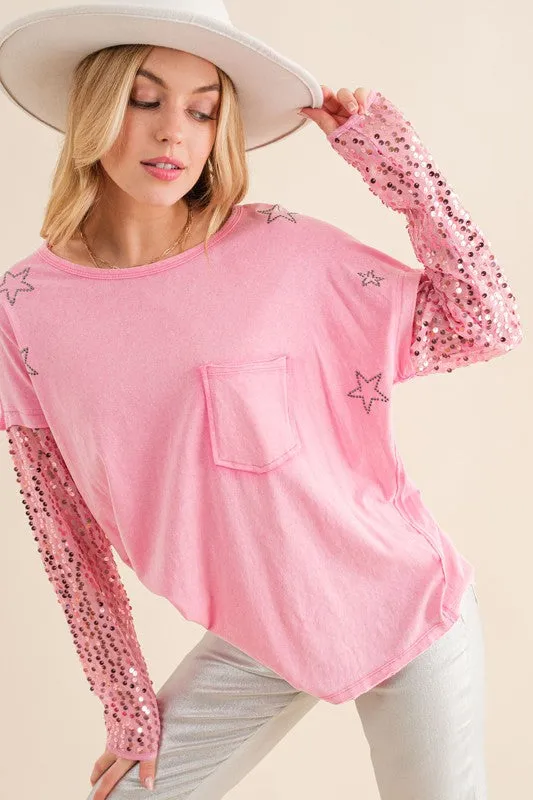 BLUE B Star Printed Shoulder Sequin SLV Top