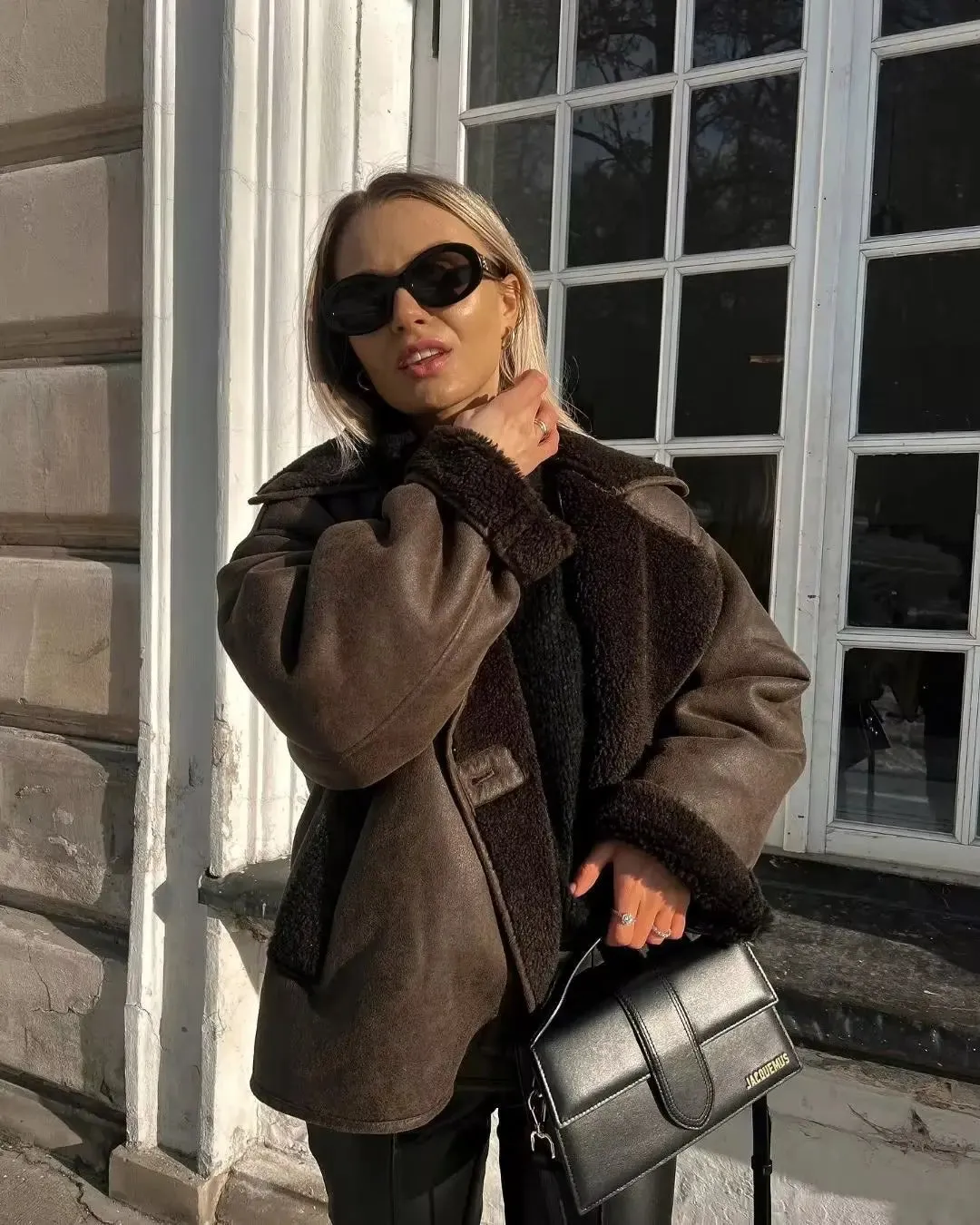 Brown Faux Leather Black Lining Fur Jacket