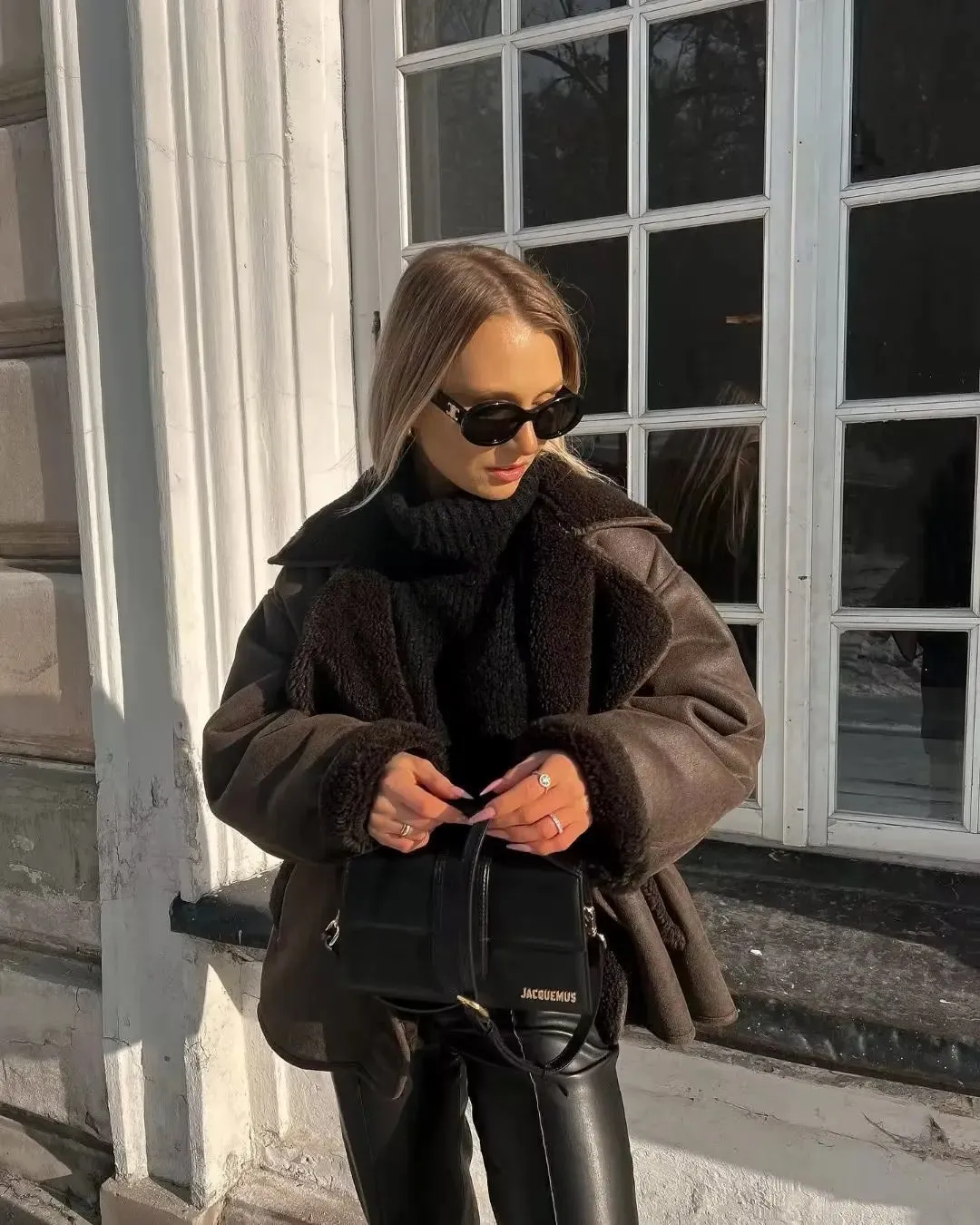 Brown Faux Leather Black Lining Fur Jacket