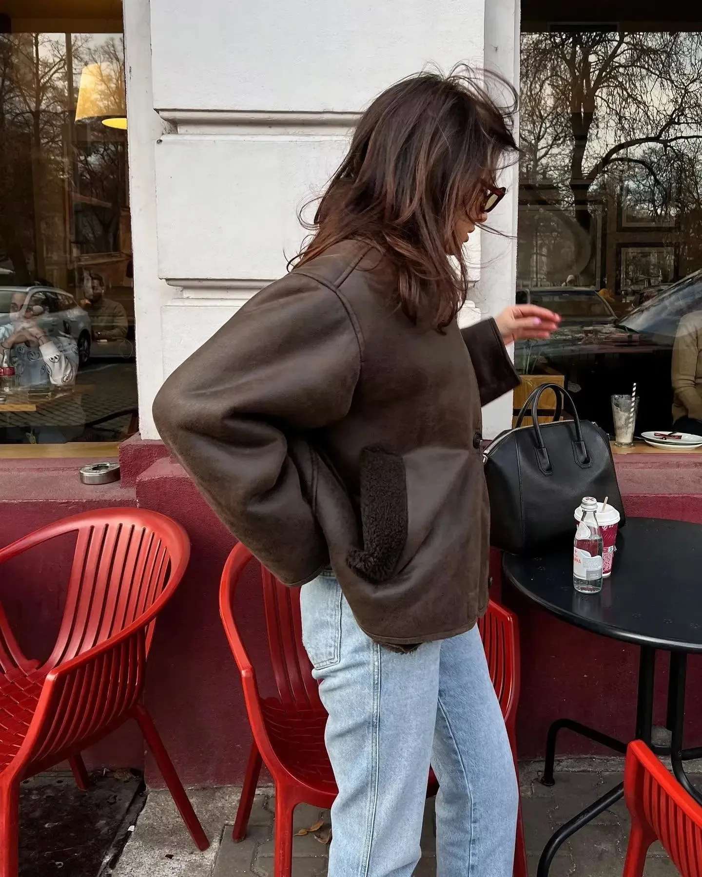 Brown Faux Leather Black Lining Fur Jacket
