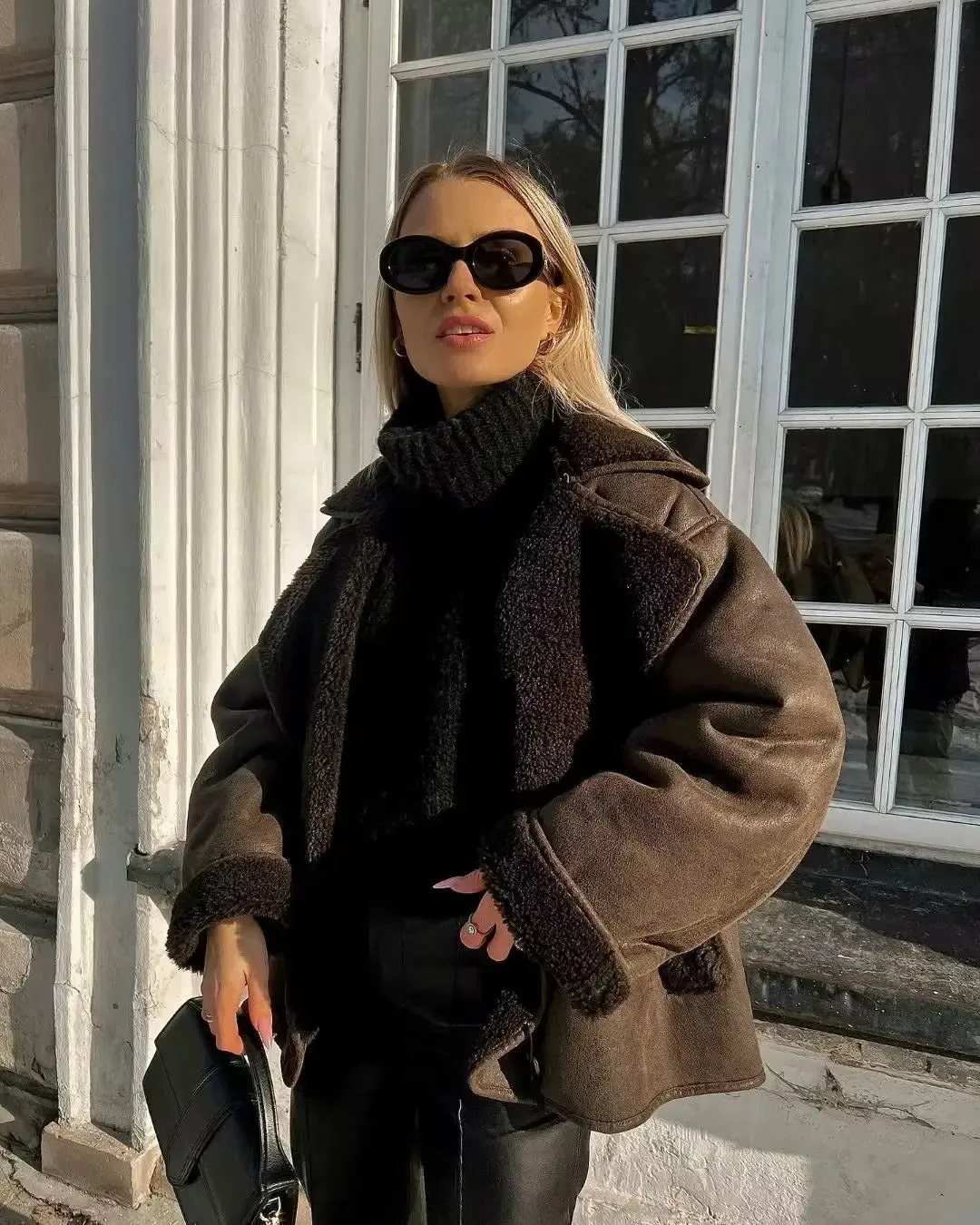 Brown Faux Leather Black Lining Fur Jacket
