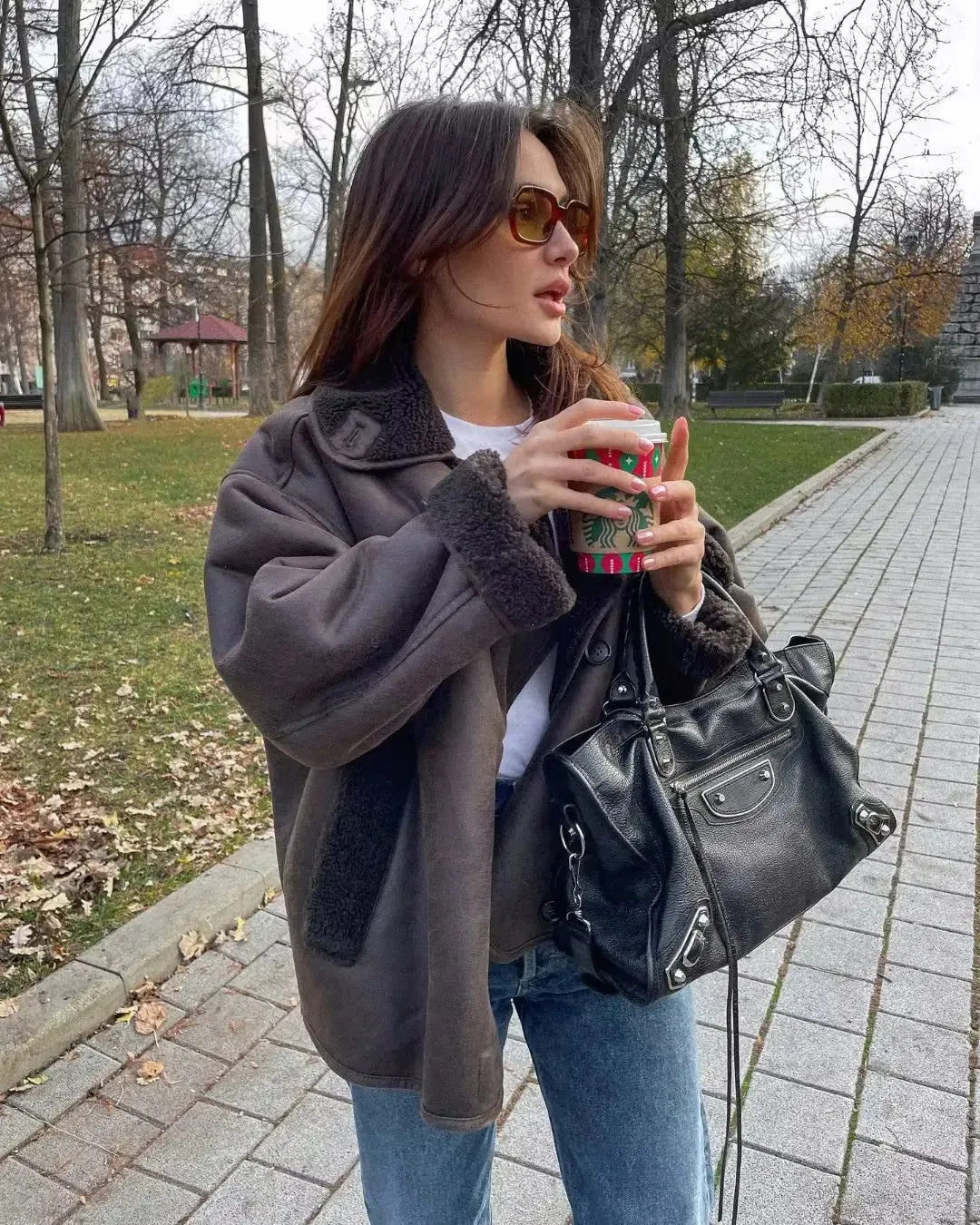 Brown Faux Leather Black Lining Fur Jacket