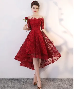 Burgundy Tulle Lace High Low Prom Dress, Homecoming Dress