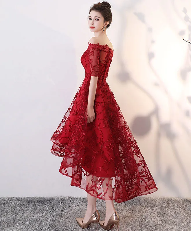 Burgundy Tulle Lace High Low Prom Dress, Homecoming Dress
