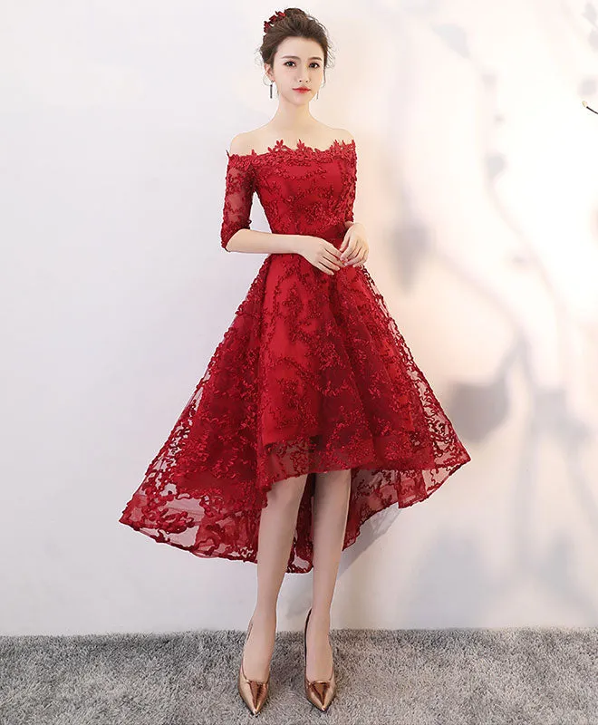 Burgundy Tulle Lace High Low Prom Dress, Homecoming Dress