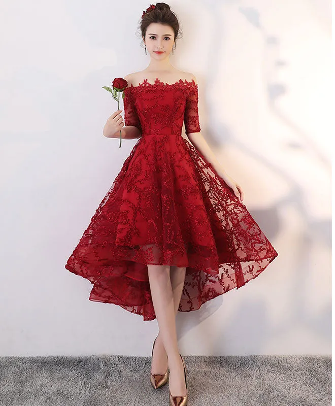 Burgundy Tulle Lace High Low Prom Dress, Homecoming Dress