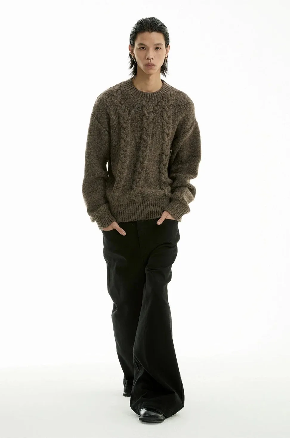 Cable Knit Crewneck Ribbed High-Hem Sweater