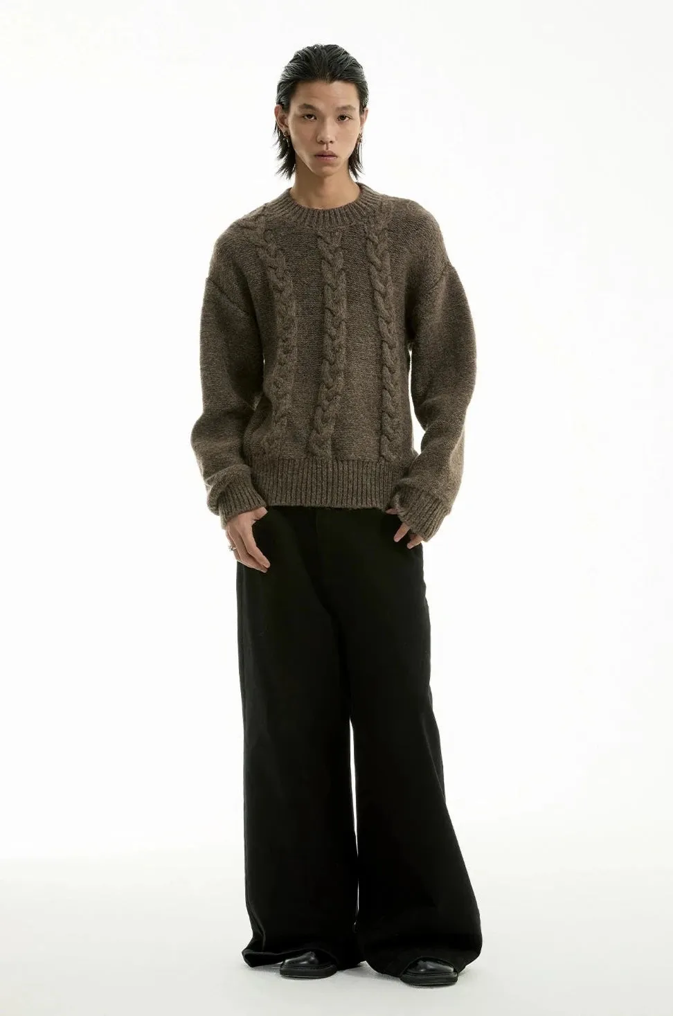 Cable Knit Crewneck Ribbed High-Hem Sweater
