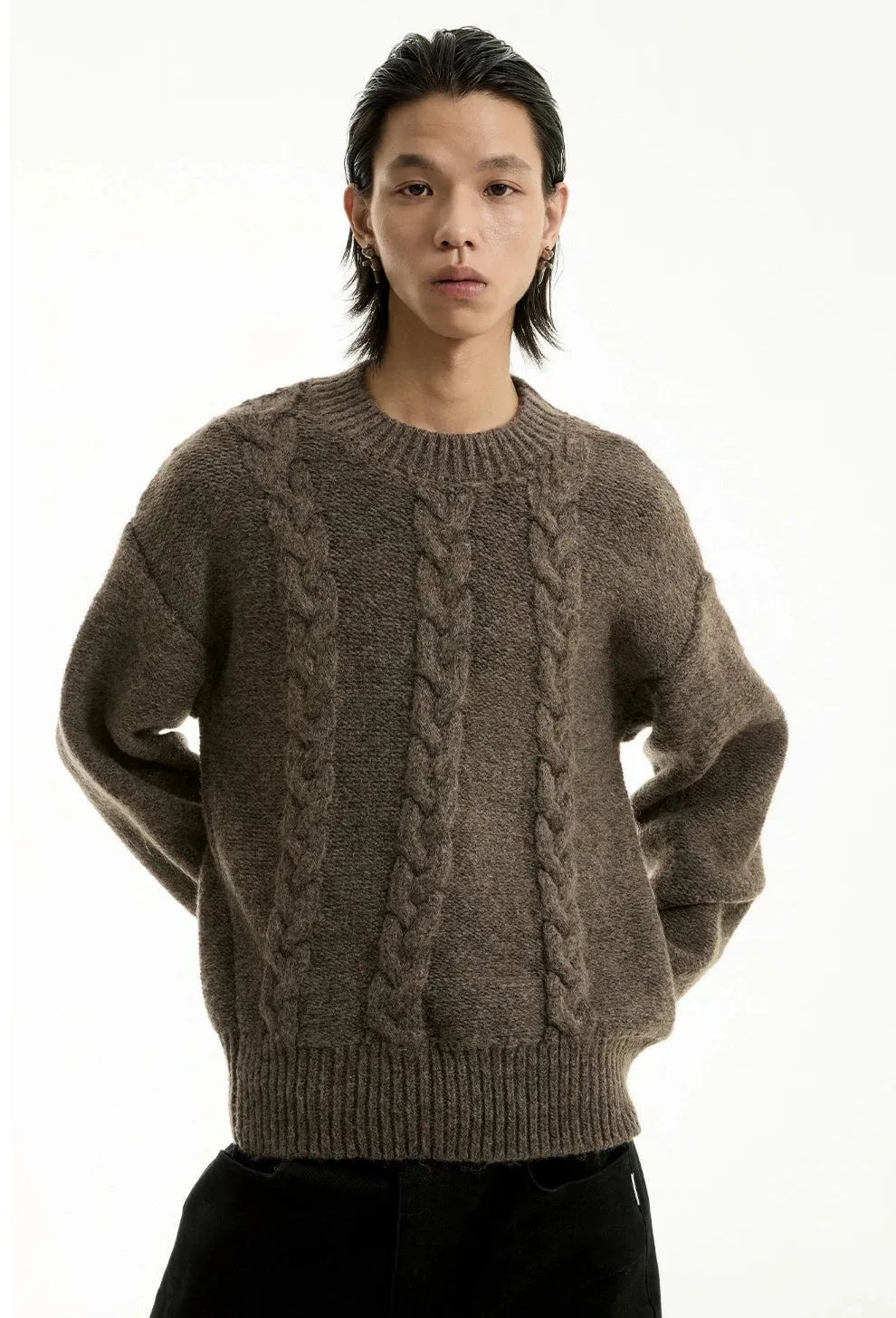 Cable Knit Crewneck Ribbed High-Hem Sweater
