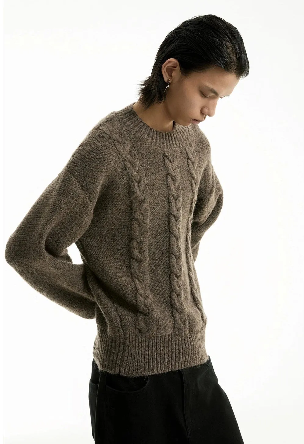 Cable Knit Crewneck Ribbed High-Hem Sweater