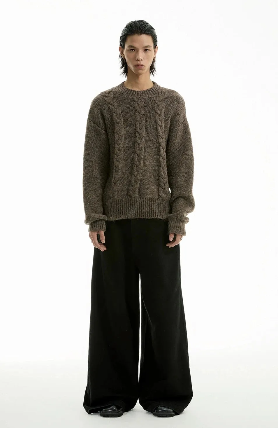 Cable Knit Crewneck Ribbed High-Hem Sweater
