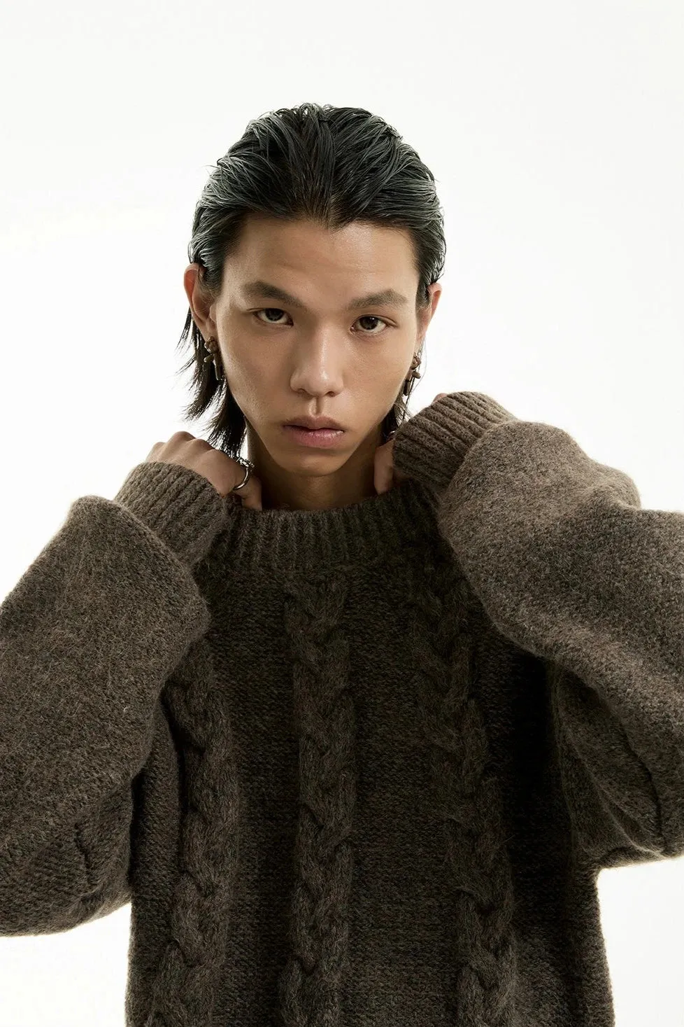 Cable Knit Crewneck Ribbed High-Hem Sweater