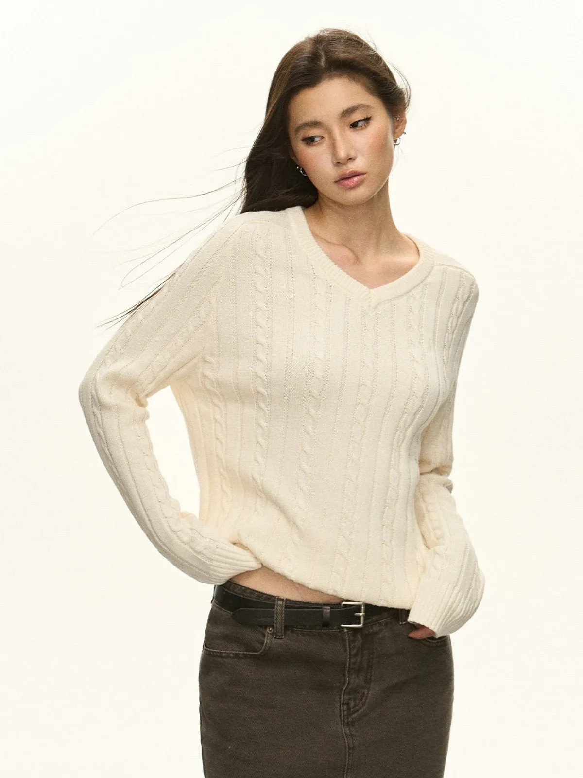 Cable Knit V-Neck Sweater with Ribbed Trim