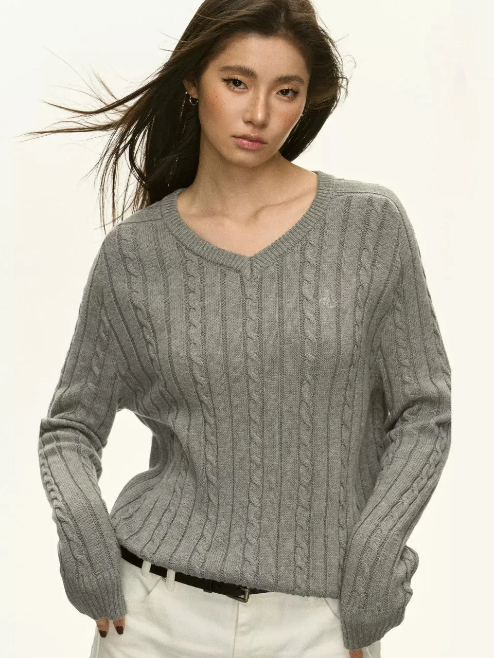 Cable Knit V-Neck Sweater with Ribbed Trim