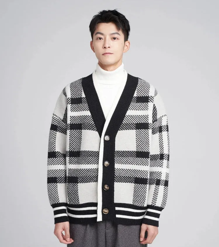 Checkered Drop Shoulder Button Cardigan