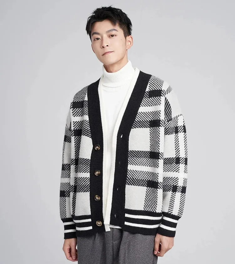 Checkered Drop Shoulder Button Cardigan