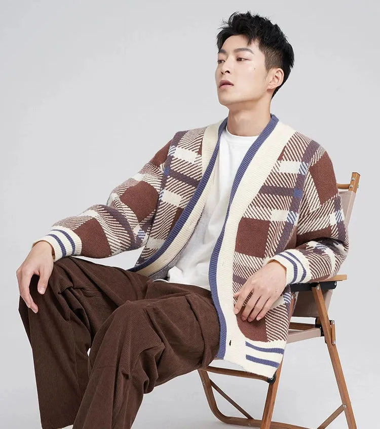 Checkered Drop Shoulder Button Cardigan