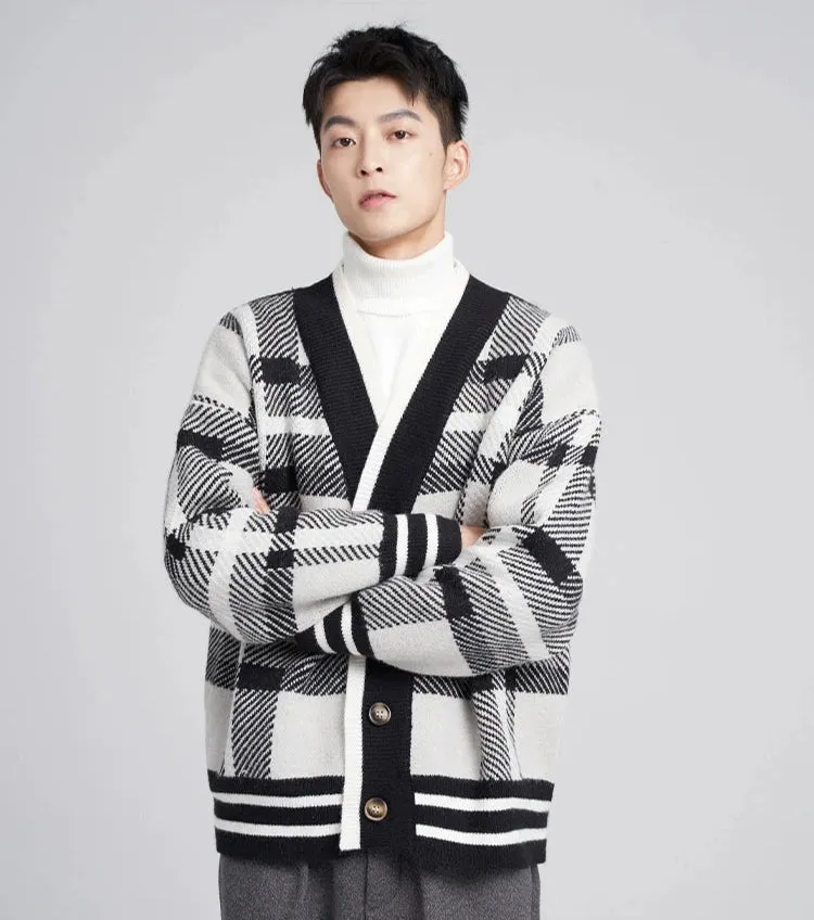 Checkered Drop Shoulder Button Cardigan