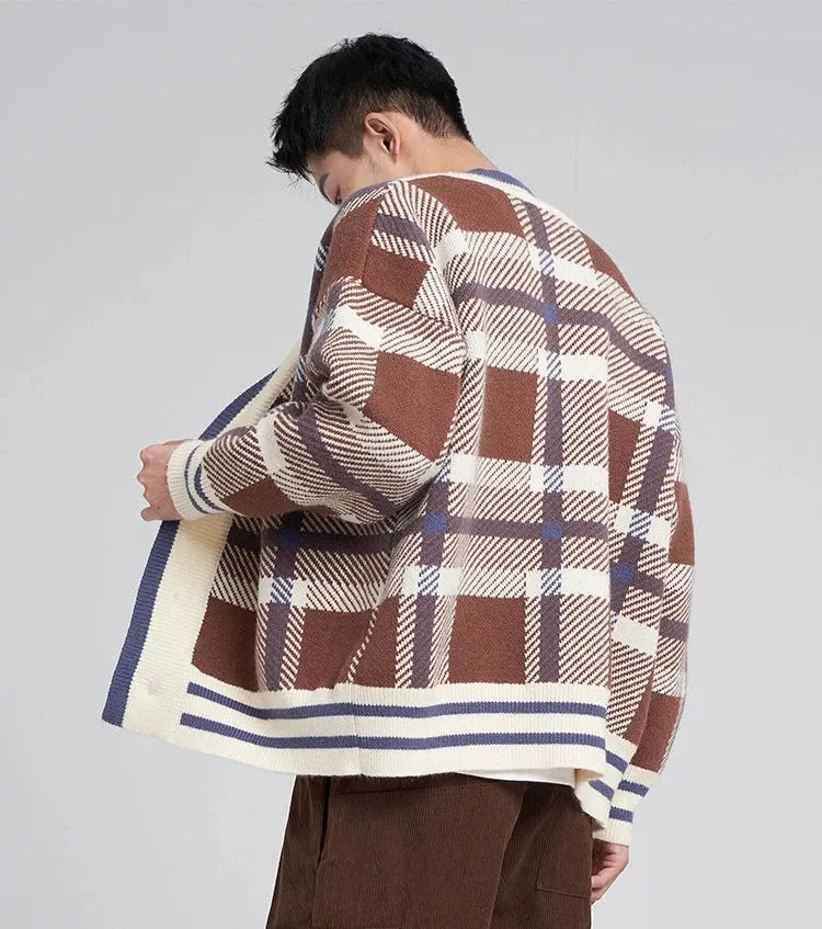 Checkered Drop Shoulder Button Cardigan