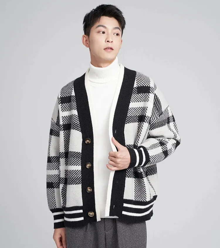 Checkered Drop Shoulder Button Cardigan