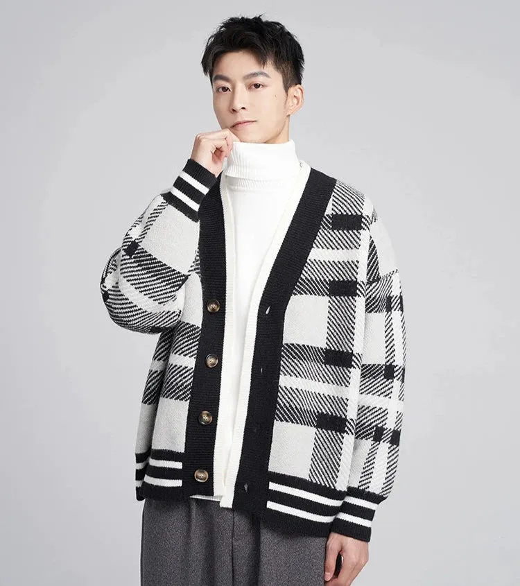 Checkered Drop Shoulder Button Cardigan