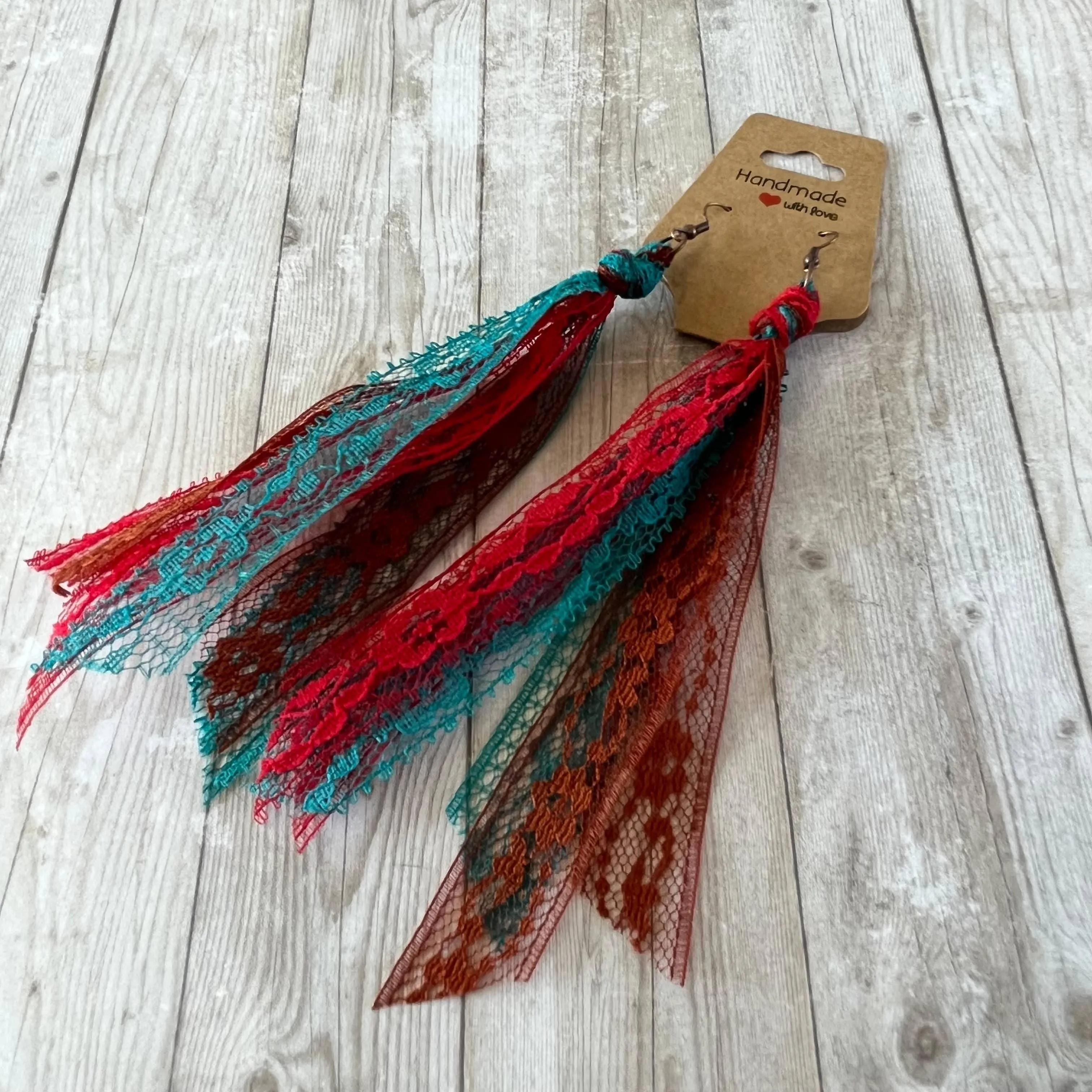 Cowboy Blend Lace Tassel Earrings Red, Teal, Sienna