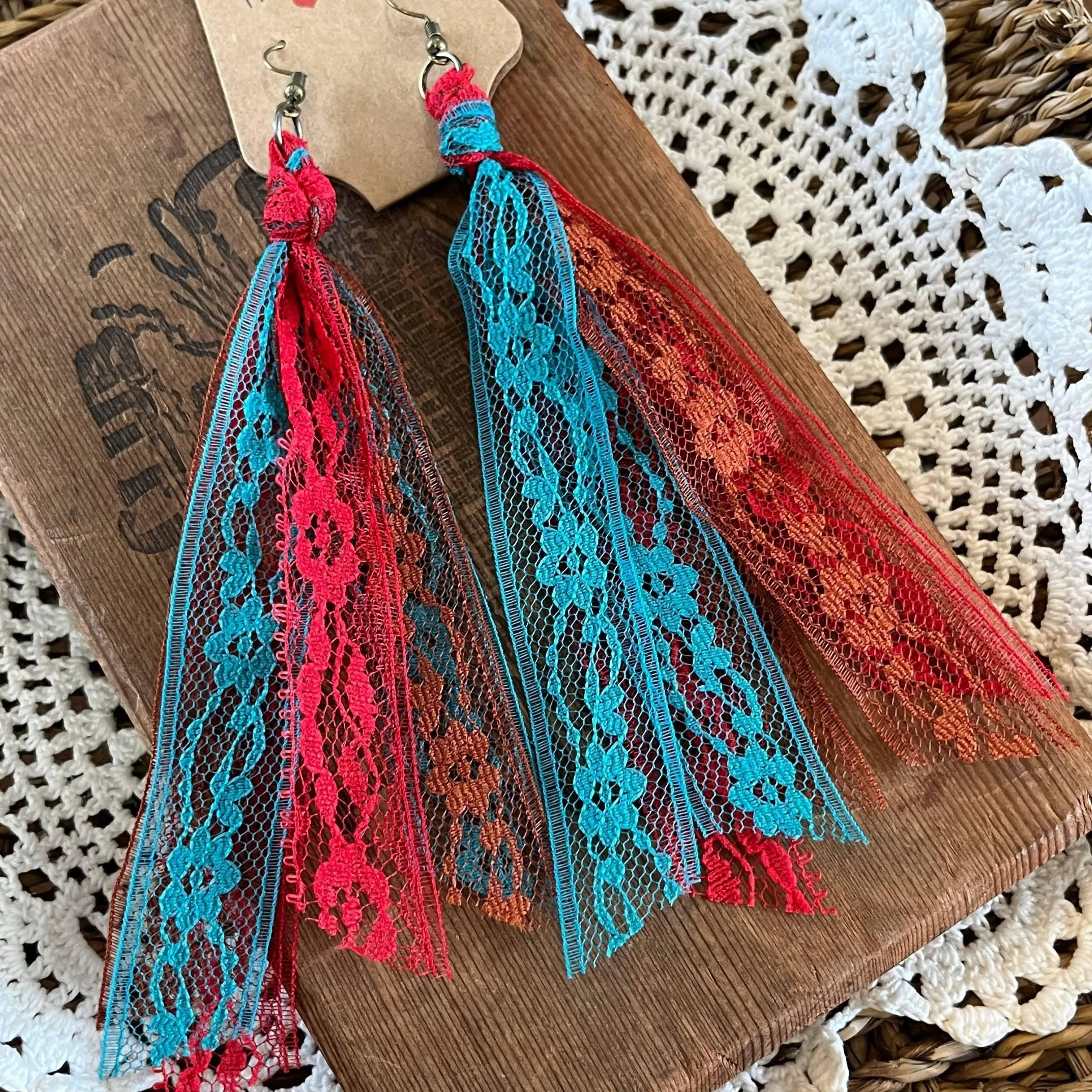 Cowboy Blend Lace Tassel Earrings Red, Teal, Sienna