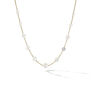 David Yurman Pearl and Pave Station Necklace in 18K Yellow Gold with Diamonds