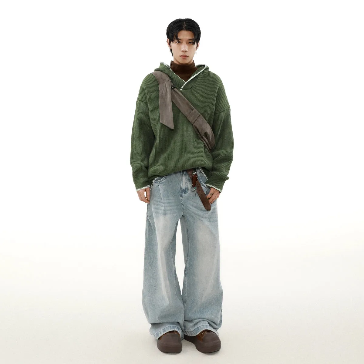 Drop Shoulder Contrast Trim Ribbed Hoodie