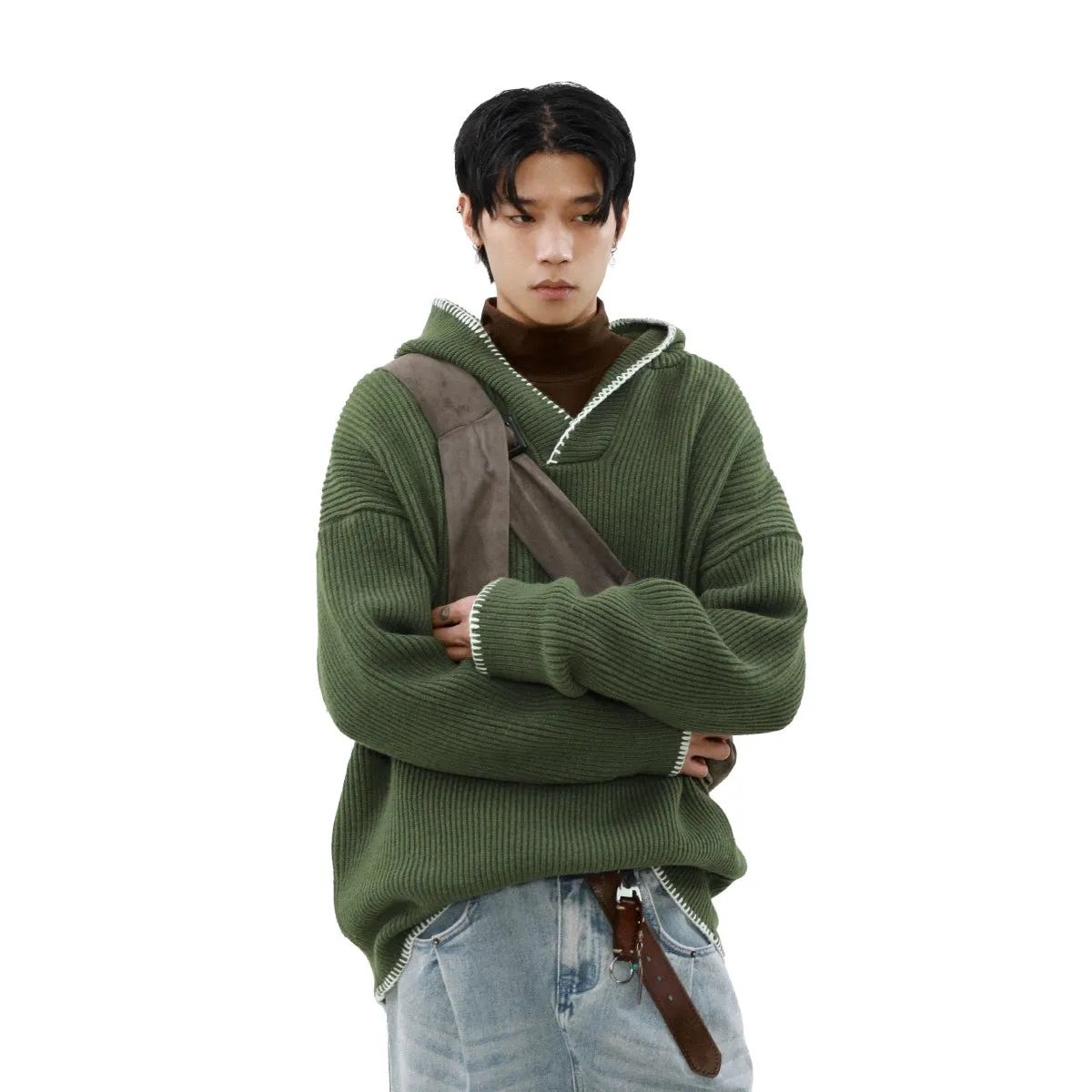 Drop Shoulder Contrast Trim Ribbed Hoodie