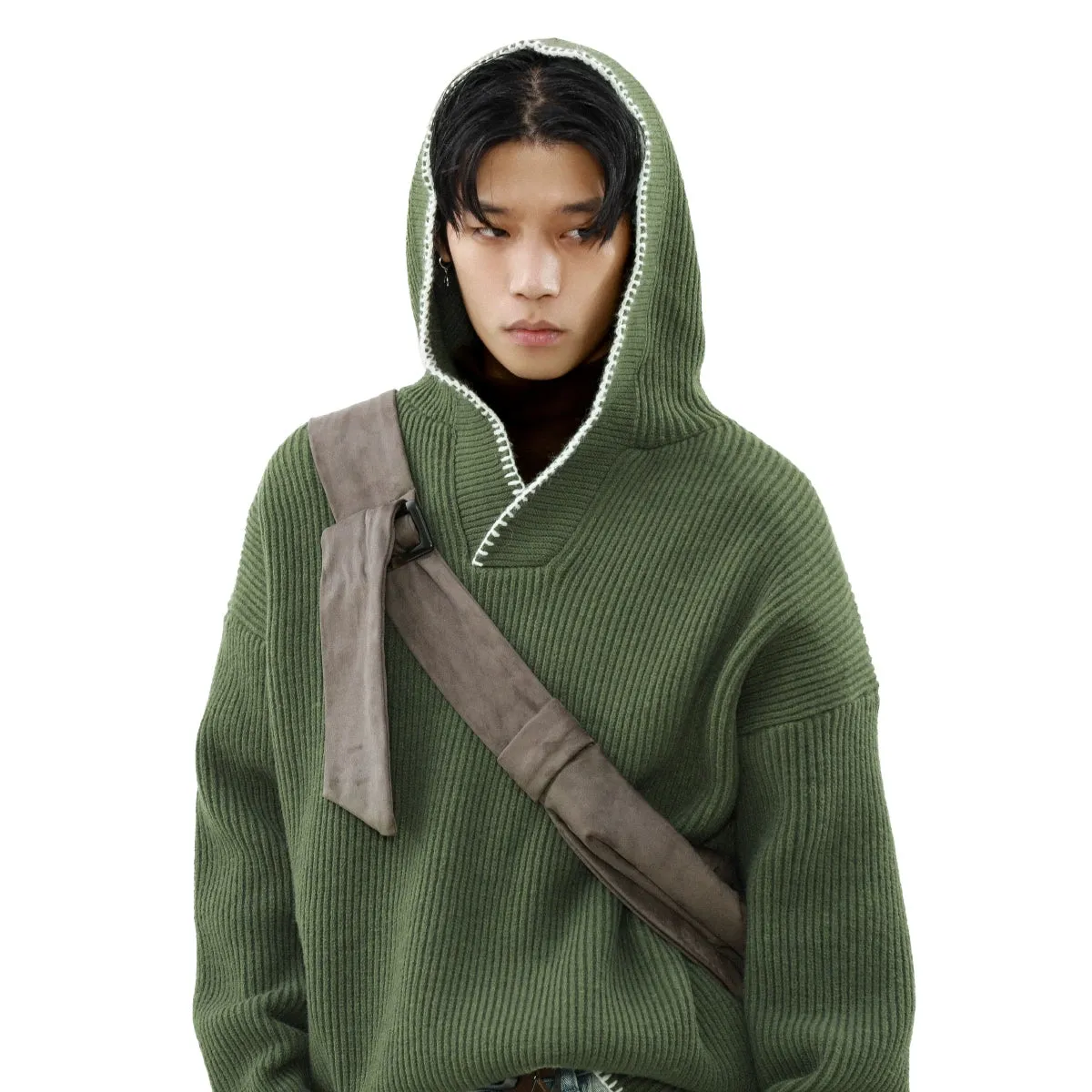 Drop Shoulder Contrast Trim Ribbed Hoodie