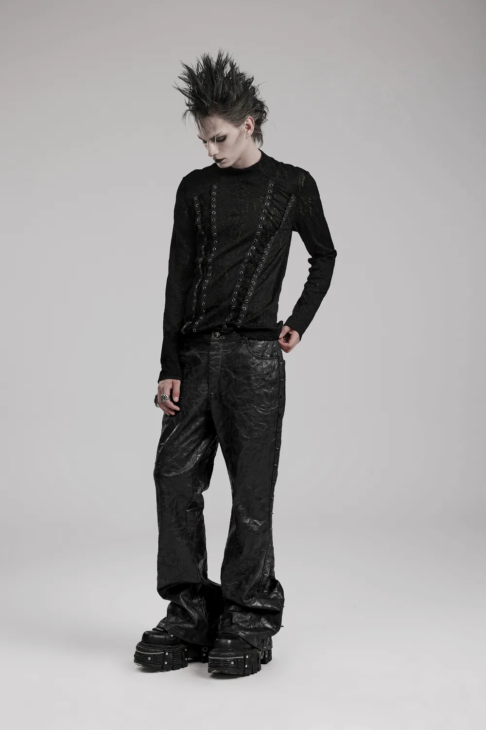 Edgy Goth Top with 3D Jacquard Weave And Front Webbing