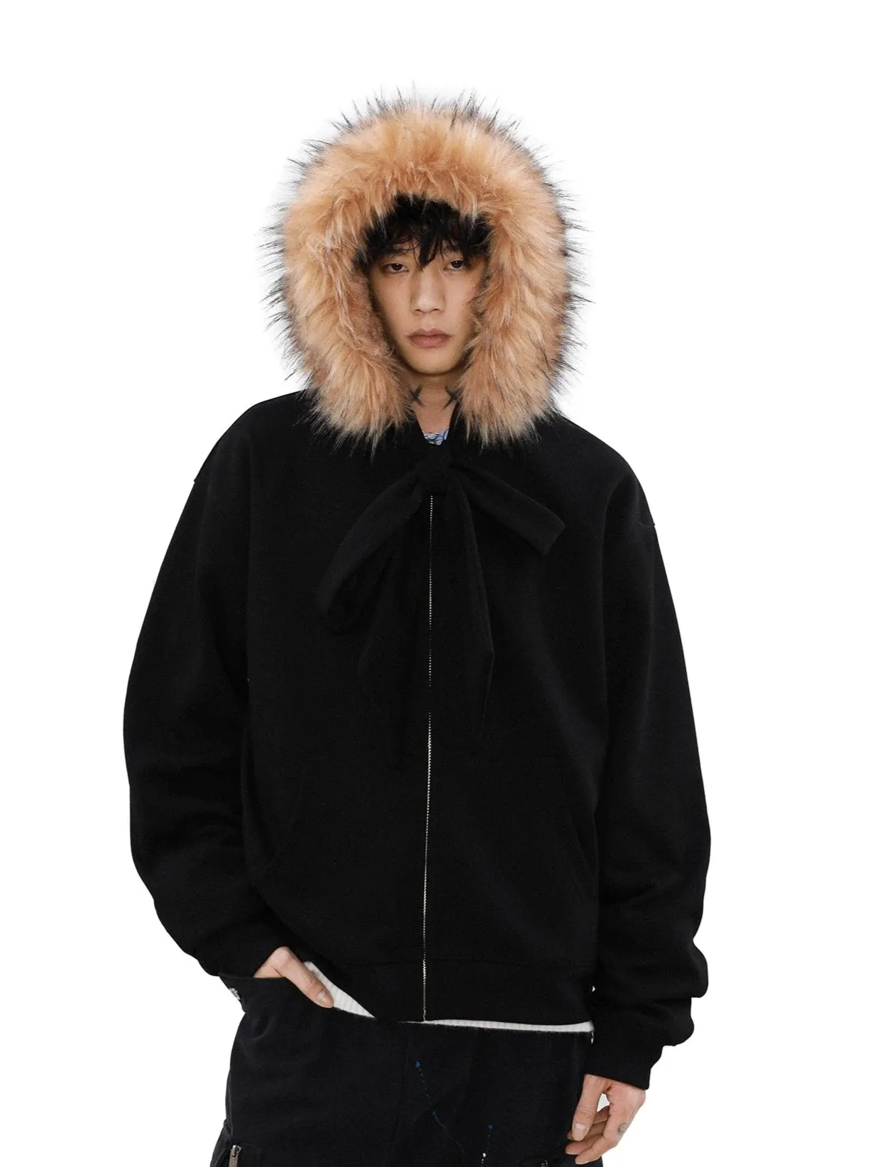 Faux Fur Lined Zip-Up Hoodie with Bow Detail