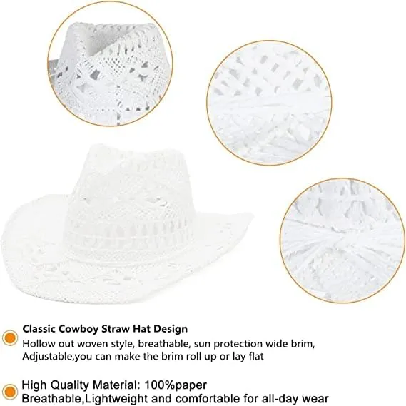 Gemvie Men & Women's Summer Cowboy Cowgirl Straw Hat Hollow Out Woven Roll Up Wide Brim Hat