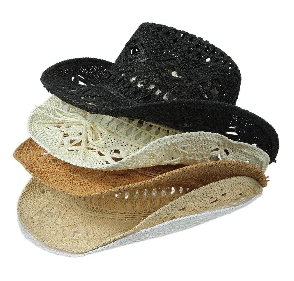 Gemvie Men & Women's Summer Cowboy Cowgirl Straw Hat Hollow Out Woven Roll Up Wide Brim Hat