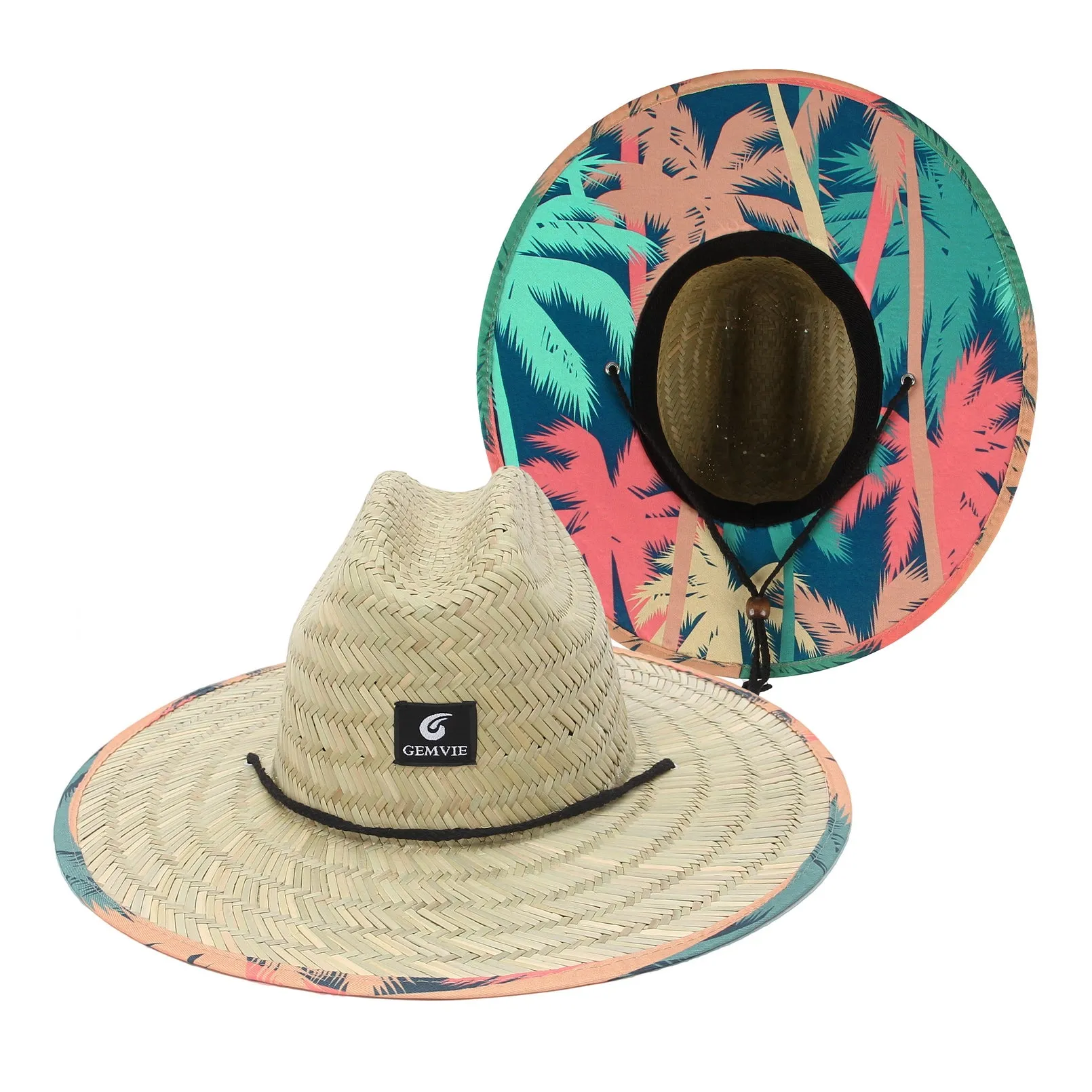 GEMVIE Women Mens Western Cowboy Straw Hat Printed Roll Brim Straw Sun Hat Beach Straw Lifeguard Hat for Fishing/Outdoor