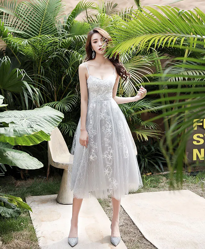 Gray Tulle Lace Short Prom Dress Gray Homecoming Dress