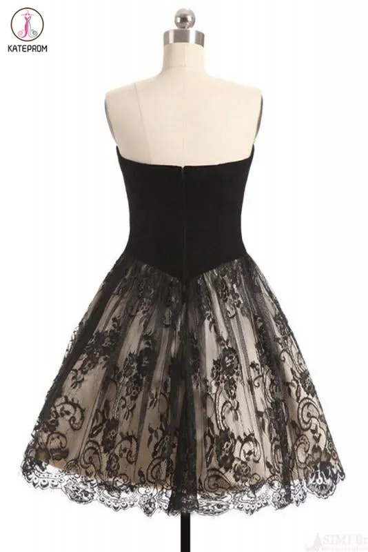 Kateprom A Line Sweetheart Lace Homecoming Dress, Black Short Strapless Prom Dresses KPH0452