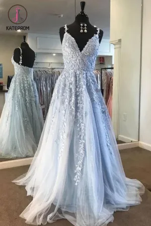 Kateprom A Line V Neck Straps Lace Appliques Long Prom Dress, Cheap Tulle Formal Dresses KPP1208