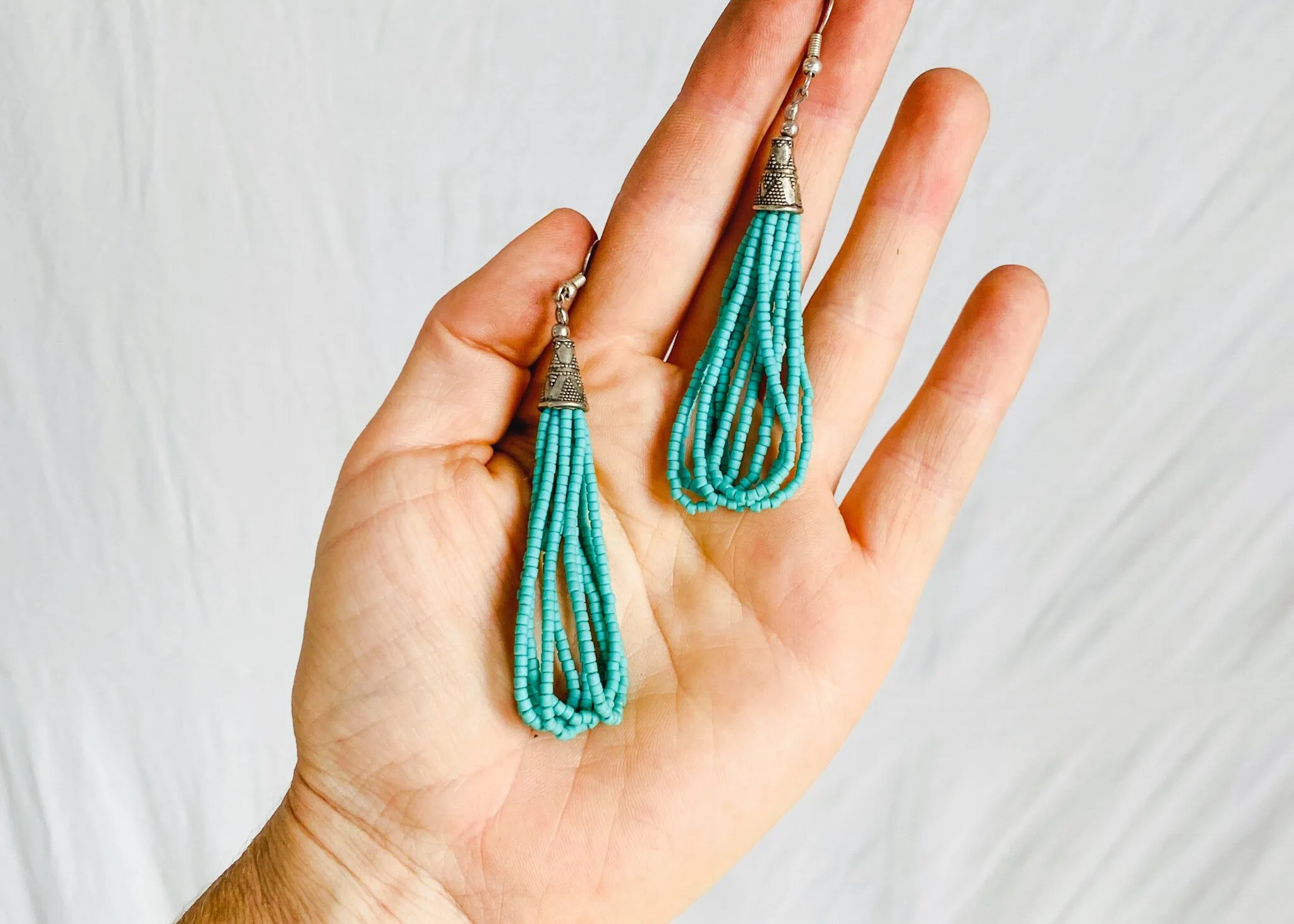 Kuchi Beaded Tassel Earrings. Sterling Ear Wire. 3.5" long