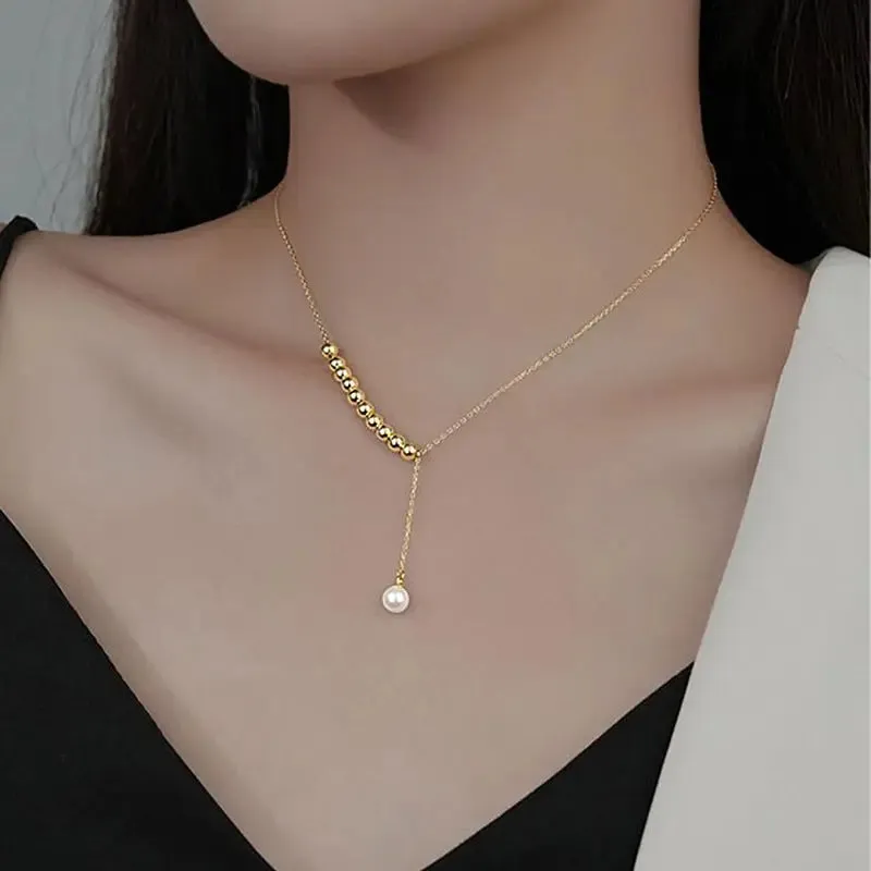 LOVCIA Birth Year S925 Silver Female Sliver Beads Pearl Necklace Chain Set for Women