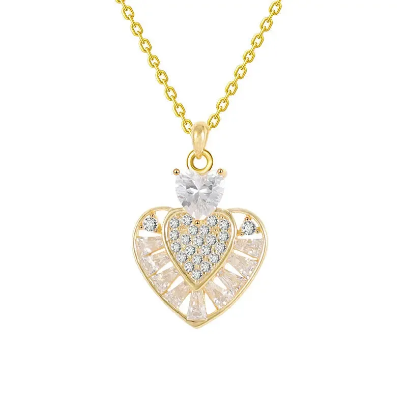 LOVCIA Gold Plated Sterling Silver Heart Pendant Necklace for Women With Pavé and Baguette-Cut Crystal Design