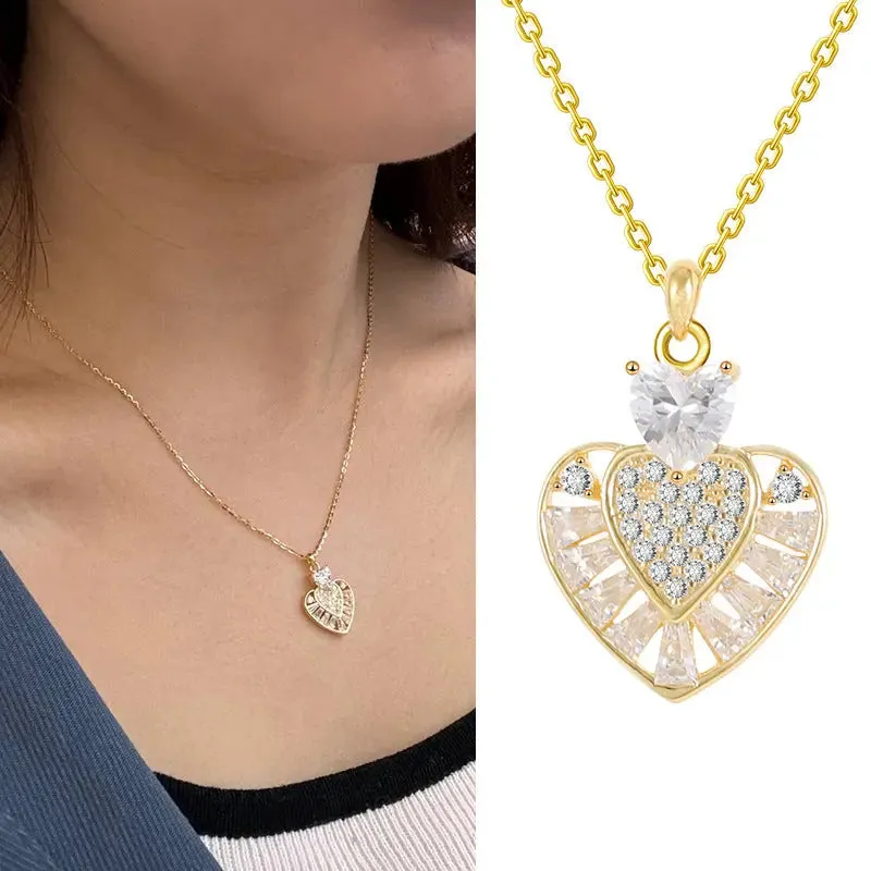 LOVCIA Gold Plated Sterling Silver Heart Pendant Necklace for Women With Pavé and Baguette-Cut Crystal Design
