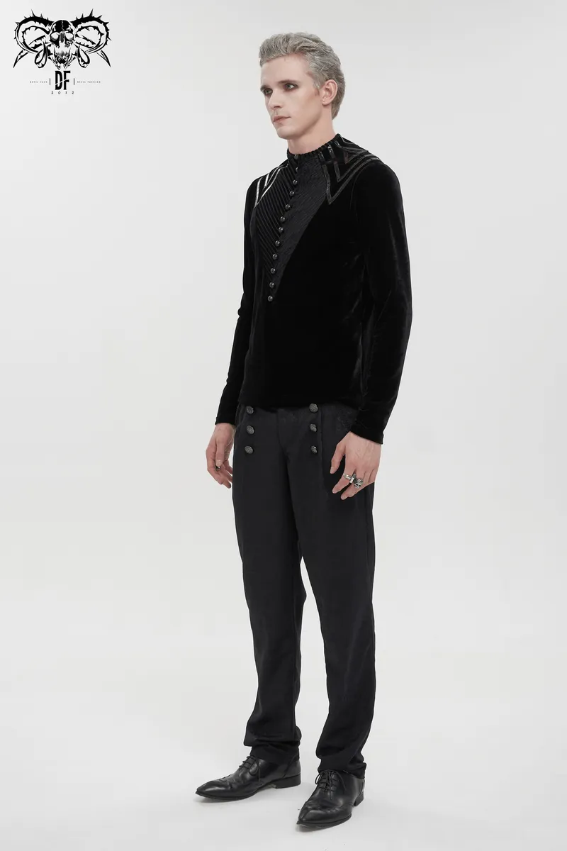 Men's Leather Strips Velvet Top / Gothic Style Long Sleeves Black Top with Buttons